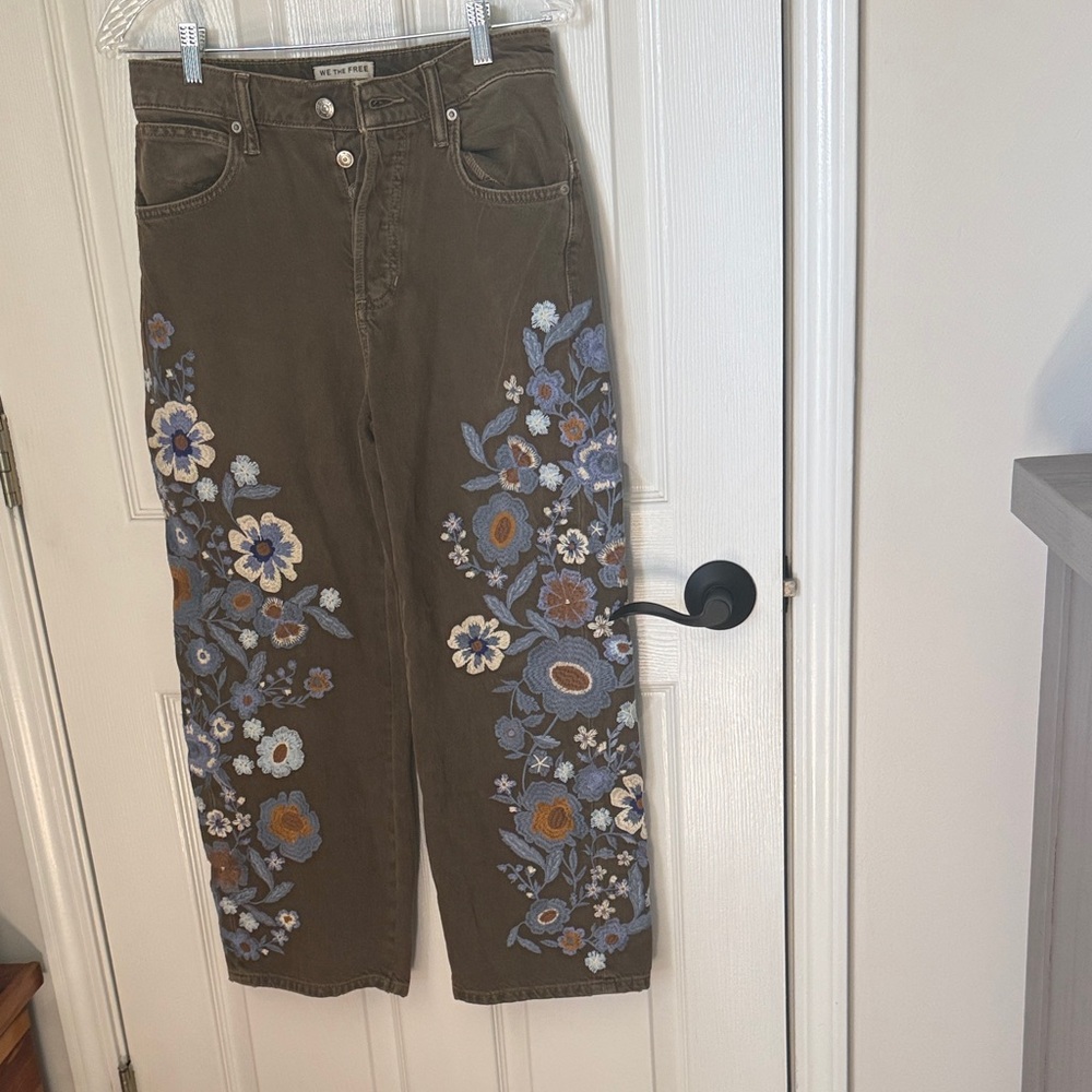 Free People Wide-Leg Jeans with Blue and Cream Floral Embroidery